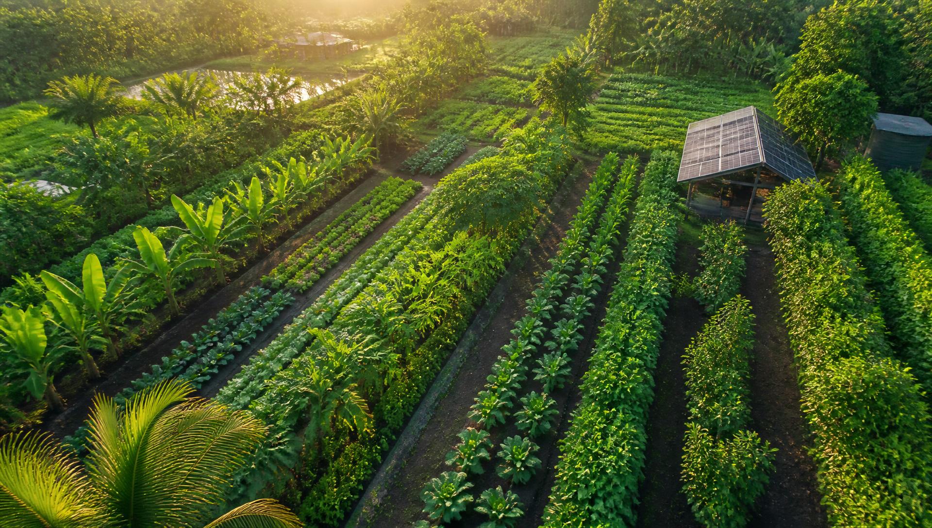 Lush green organic farm at golden hour